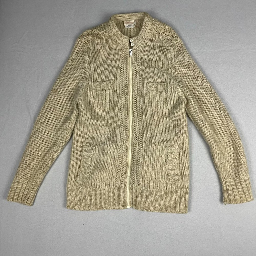 Vintage Women's Excellence Cream Wool Full Zip Long Sleeve Sweater Size Medium